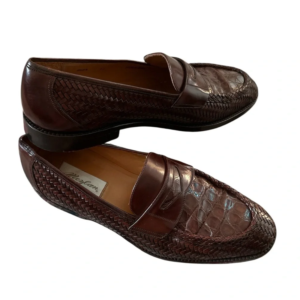 MEZLAN Mens CROCODILE Dark Brown Woven Leather Slipon Round Toe Croc Loafers 10